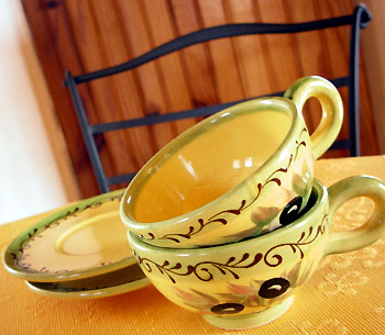 Provence hand made pottery set of 2 tea cups and saucers (OLIVE) - Click Image to Close
